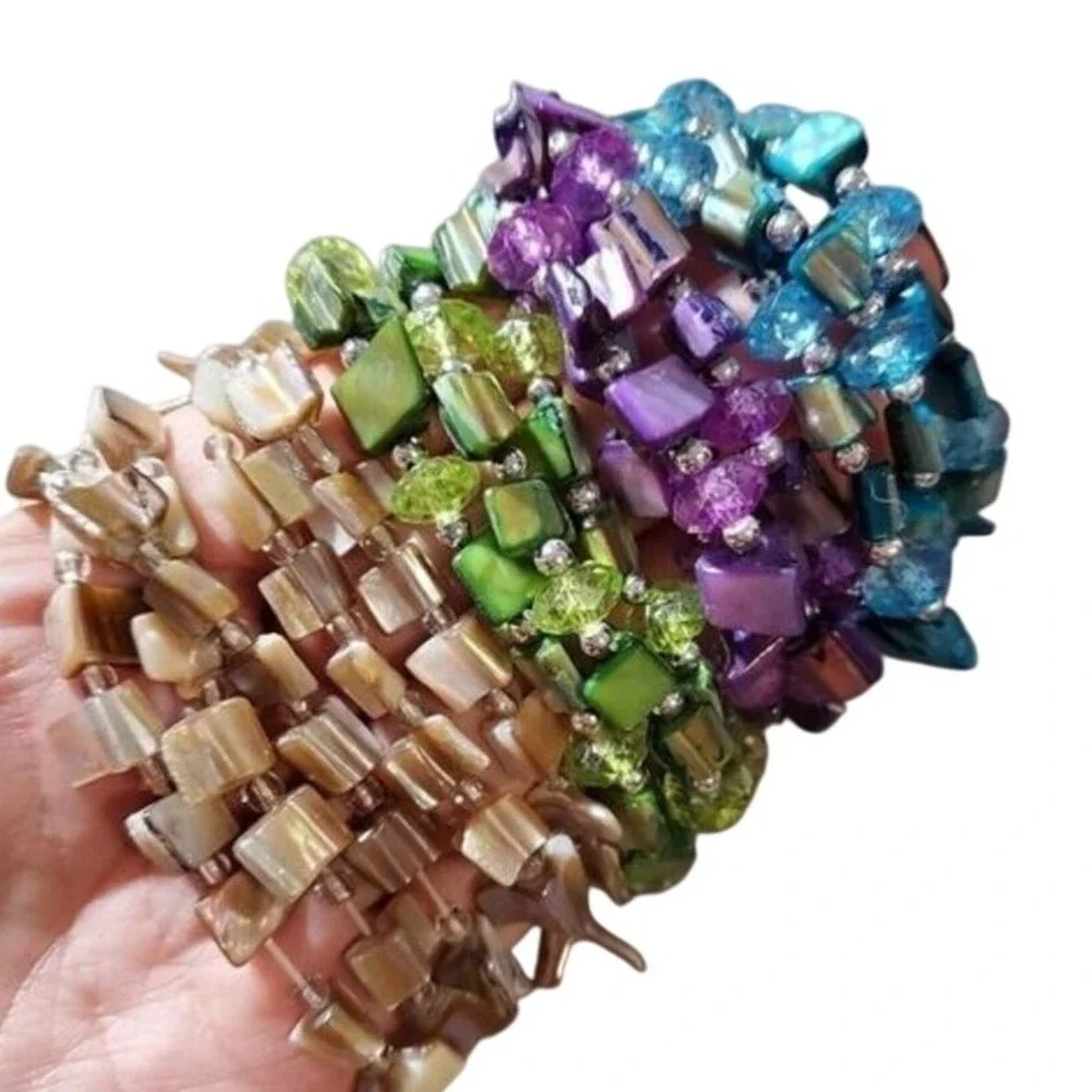 Mother‎ of Pearl Shell Stretch Bracelets Iridescent Blue Green Purple Tan Bundle